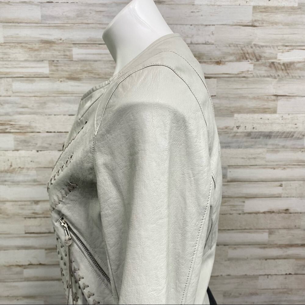 BlankNYC Moto Faux Leather Jacket Womens Size M Gray Lacing Fringe Zip Front - Picture 8 of 16